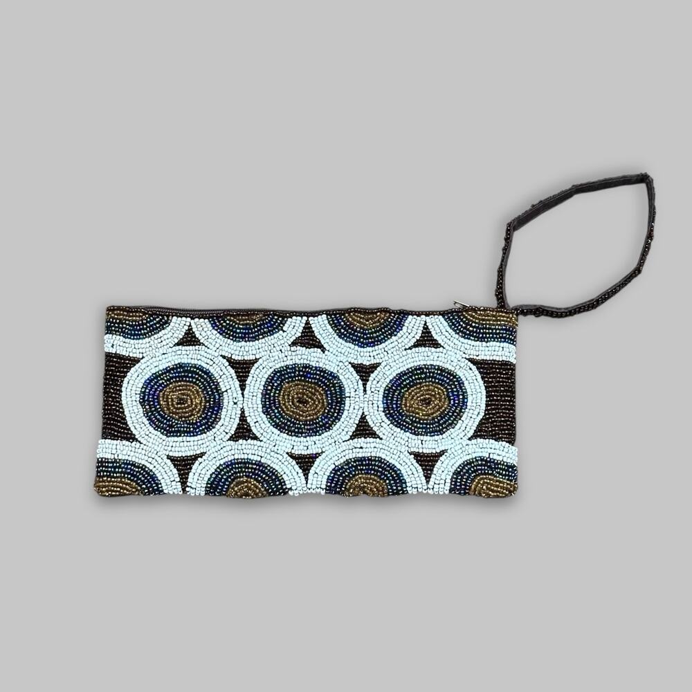Vintage Beaded Circle Pattern Wristlet Clutch – Brown, White, Gold, Blue - Picture 2 of 3